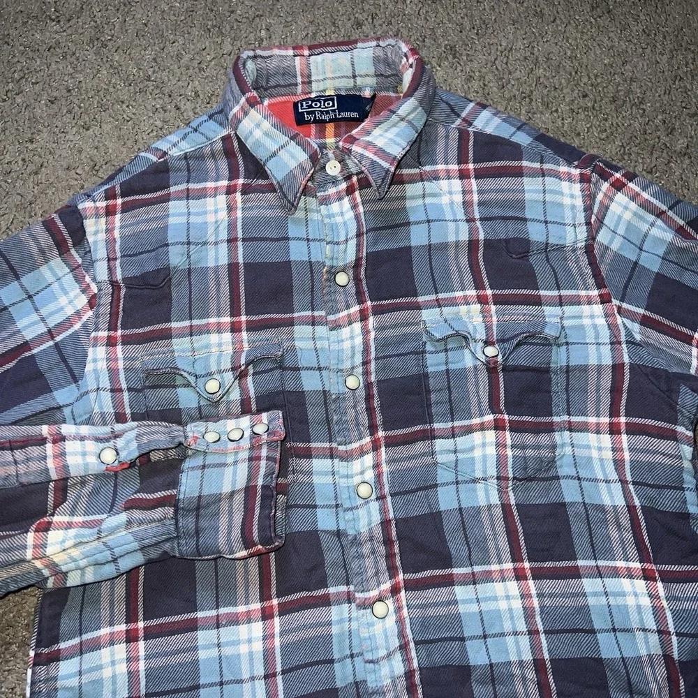 Vintage 90s Polo Ralph Lauren Navy Metal Snap Western‎ Shirt M